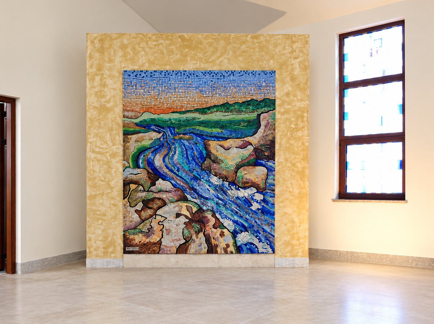 Glass river mosaic in a golden stone frame, Co-Cathedral of Saint Peter the Apostle, Bar, Montenegro, by Stanisic Studio
