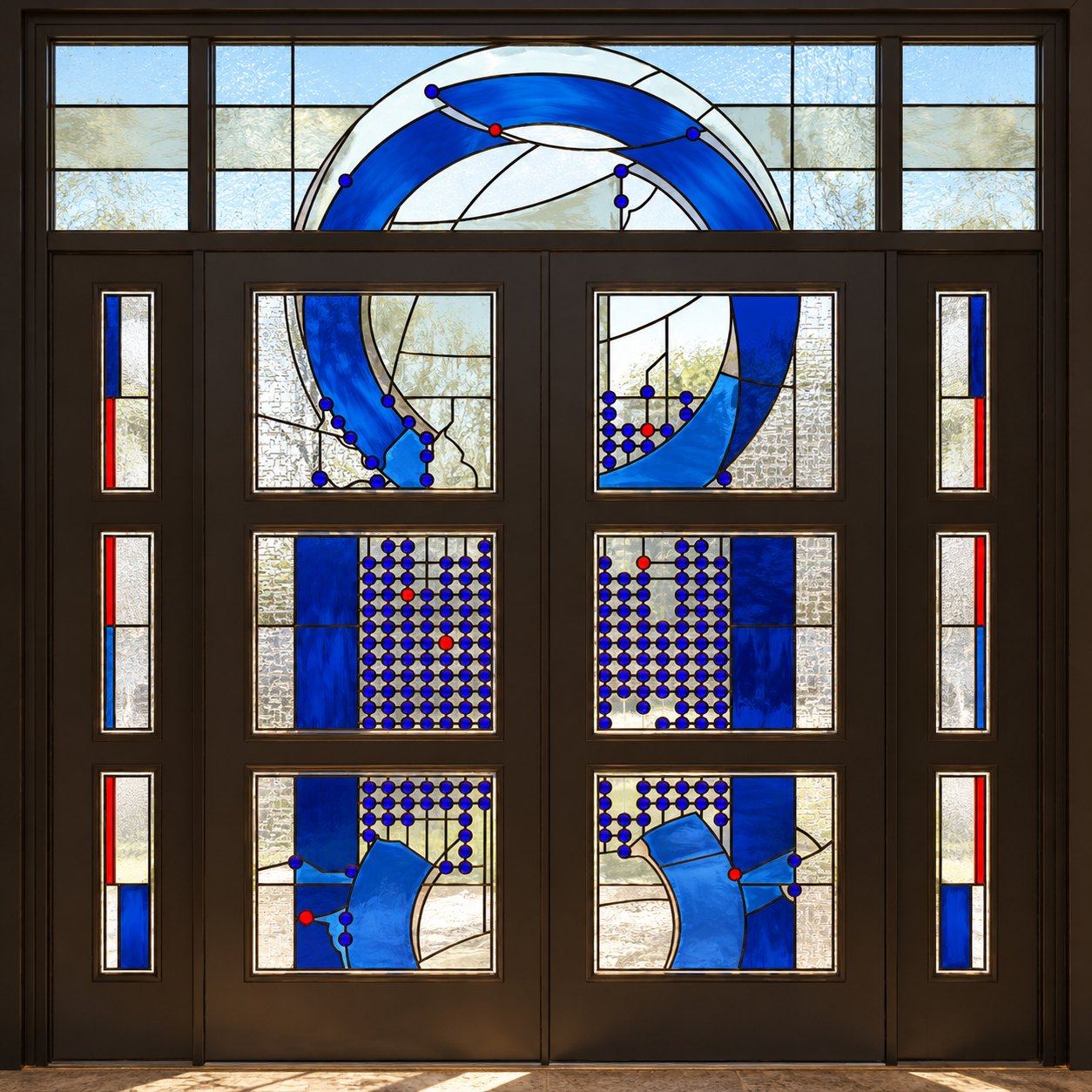 Modern stained glass double door with sidelights and transom in cobalt blue and glass jewels, private home in Bar, Montenegro, by Stanisic Studio