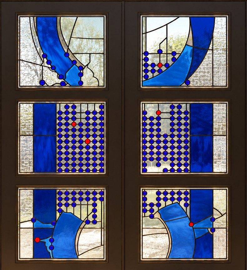 The 6 stained glass door panels with cobalt blue curves and rows of glass jewels, private home in Bar