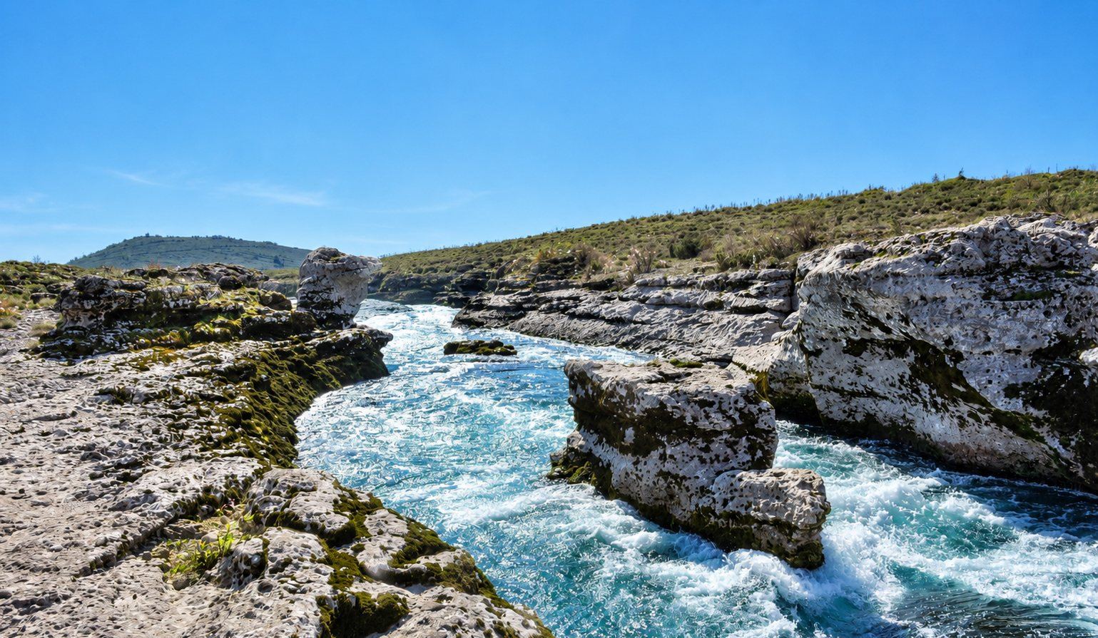 Бистра тиркизна вода јури између светлих кречњачких стена испод зелених брда, месна река која је надахнула мозаик у Бару, Црна Гора