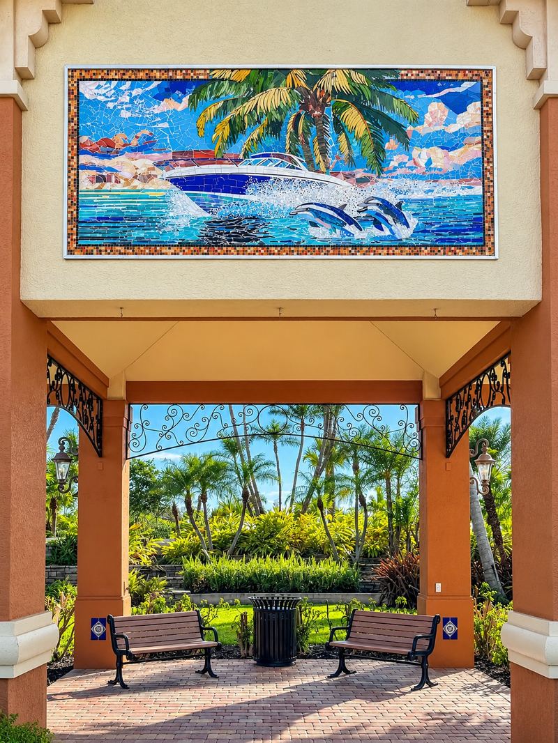 The Apperlo Art glass mural of a boat, dolphins and a palm on the entrance arch of the Marina at Cape Harbour in Cape Coral, Florida