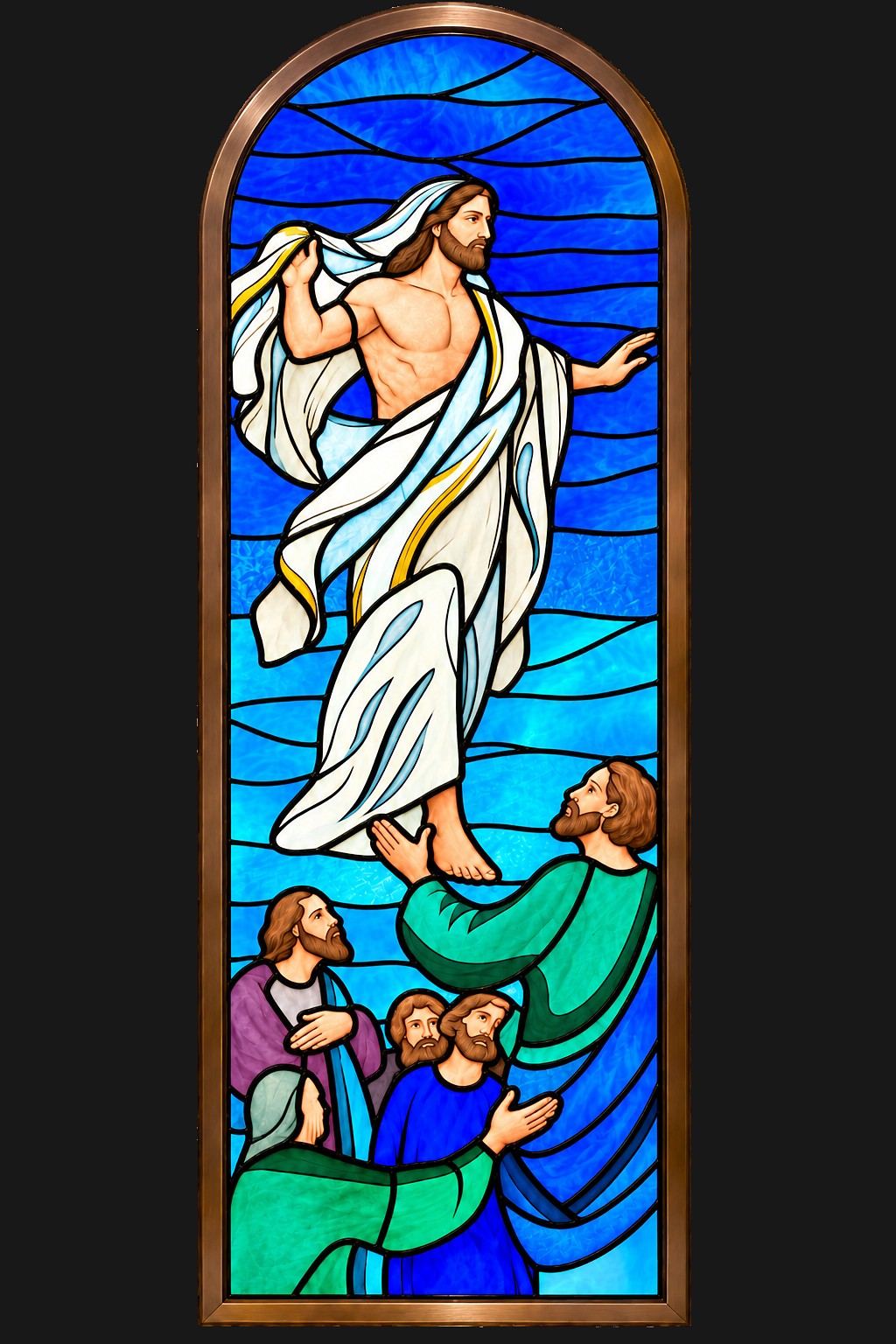 Stained glass window of the Ascension of Christ above the apostles