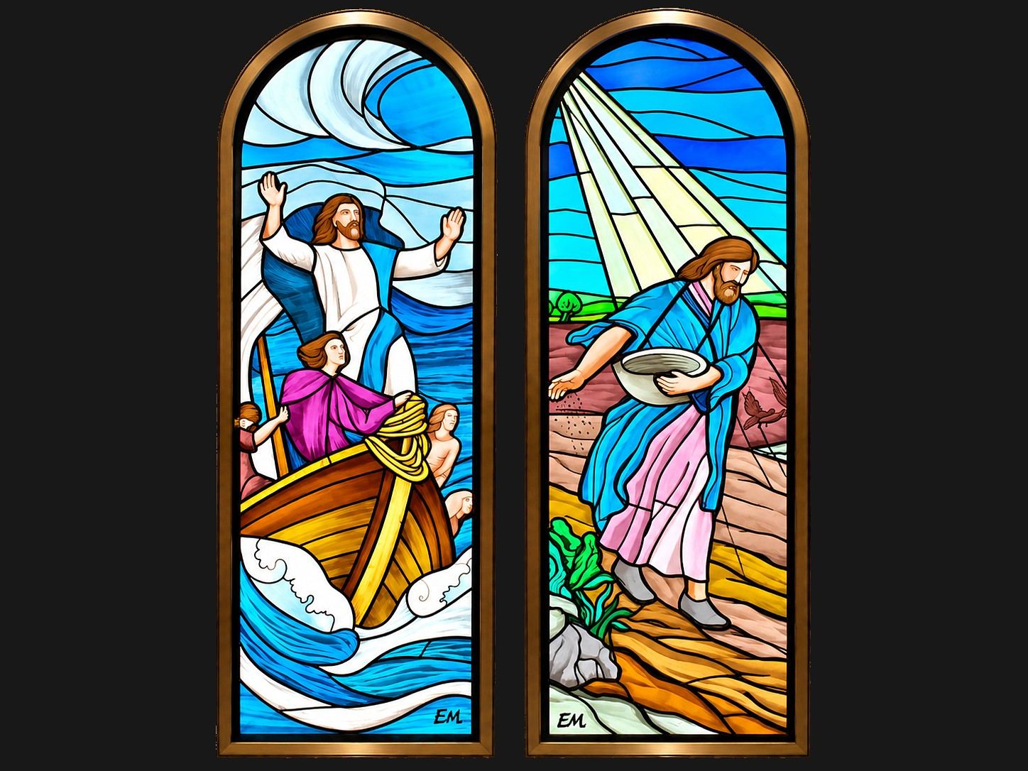 Stained glass windows of Christ calming the storm and the parable of the sower