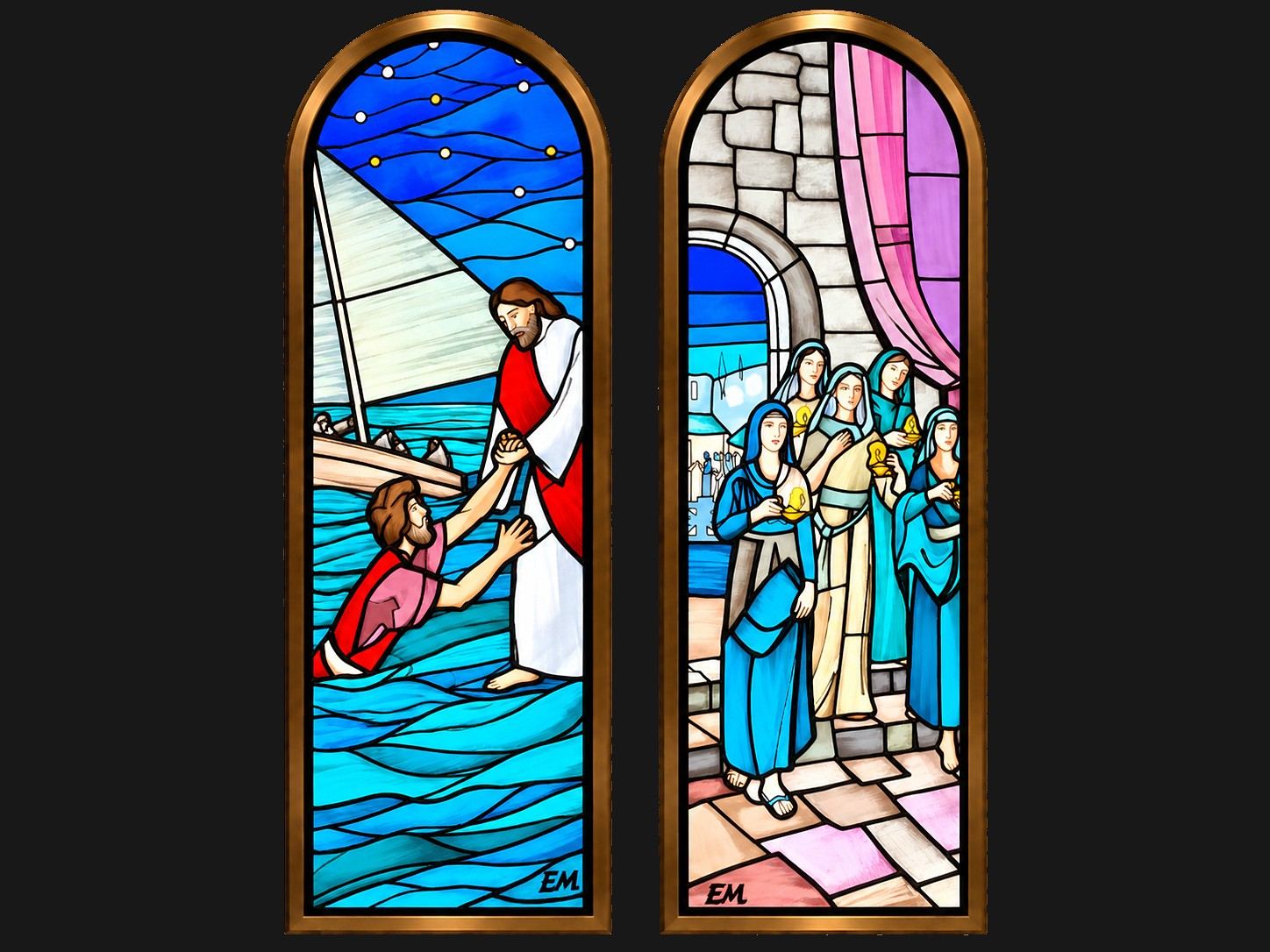 Stained glass windows of Christ saving Peter on the water and a group of holy women at a gate