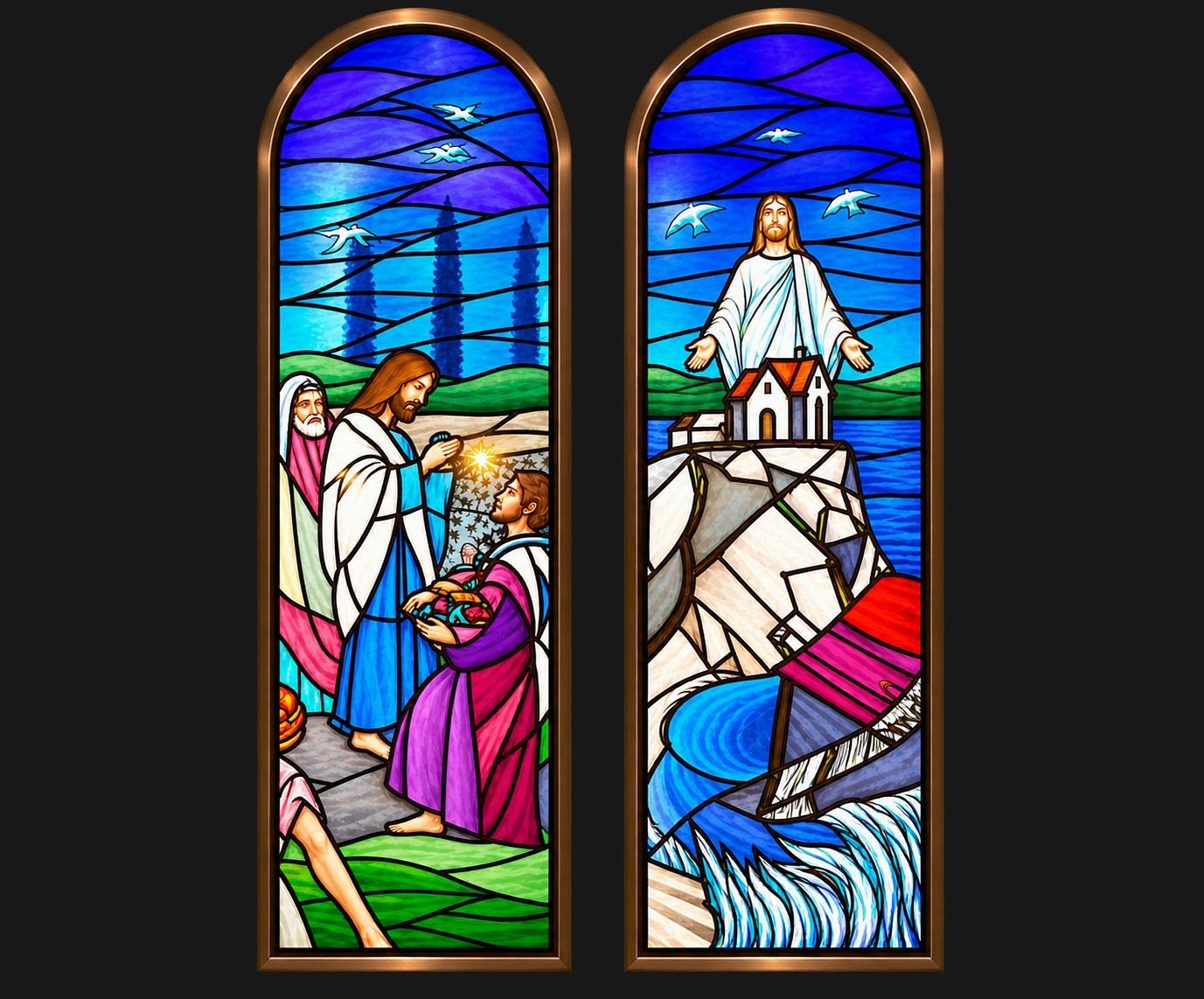 Stained glass windows of Christ among his disciples and Christ above a small church on a rock by the water