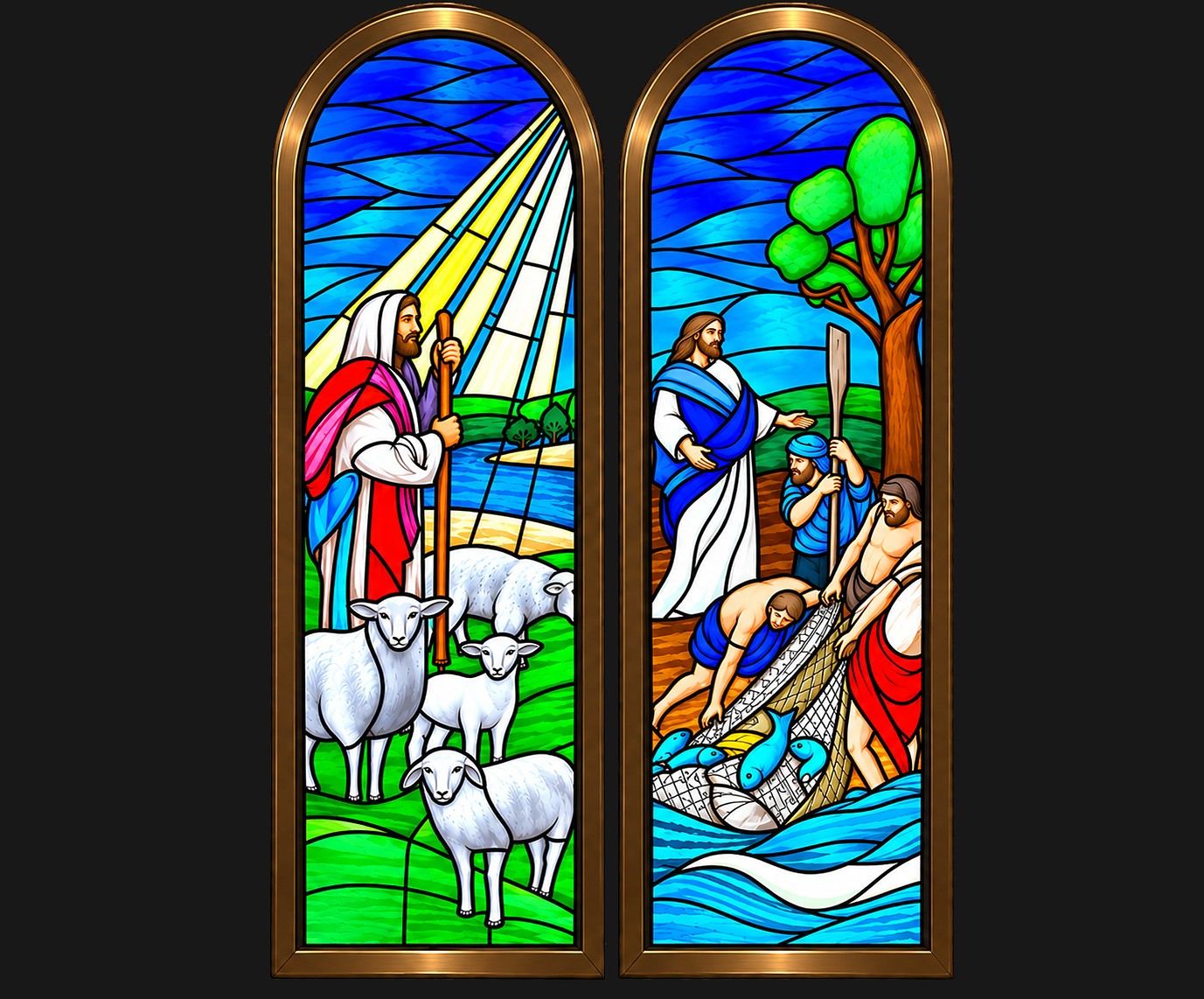 Stained glass windows of the Good Shepherd and the miraculous catch of fish