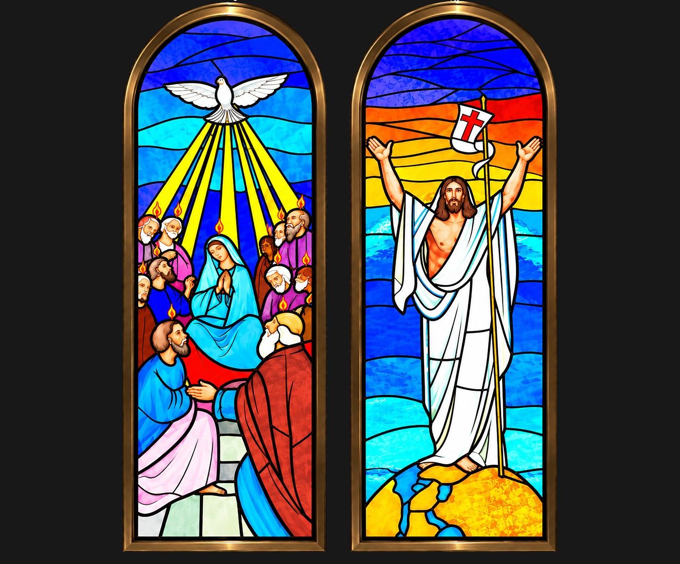 Stained glass windows of Pentecost, with the dove over Mary and the apostles, and of the risen Christ with the banner