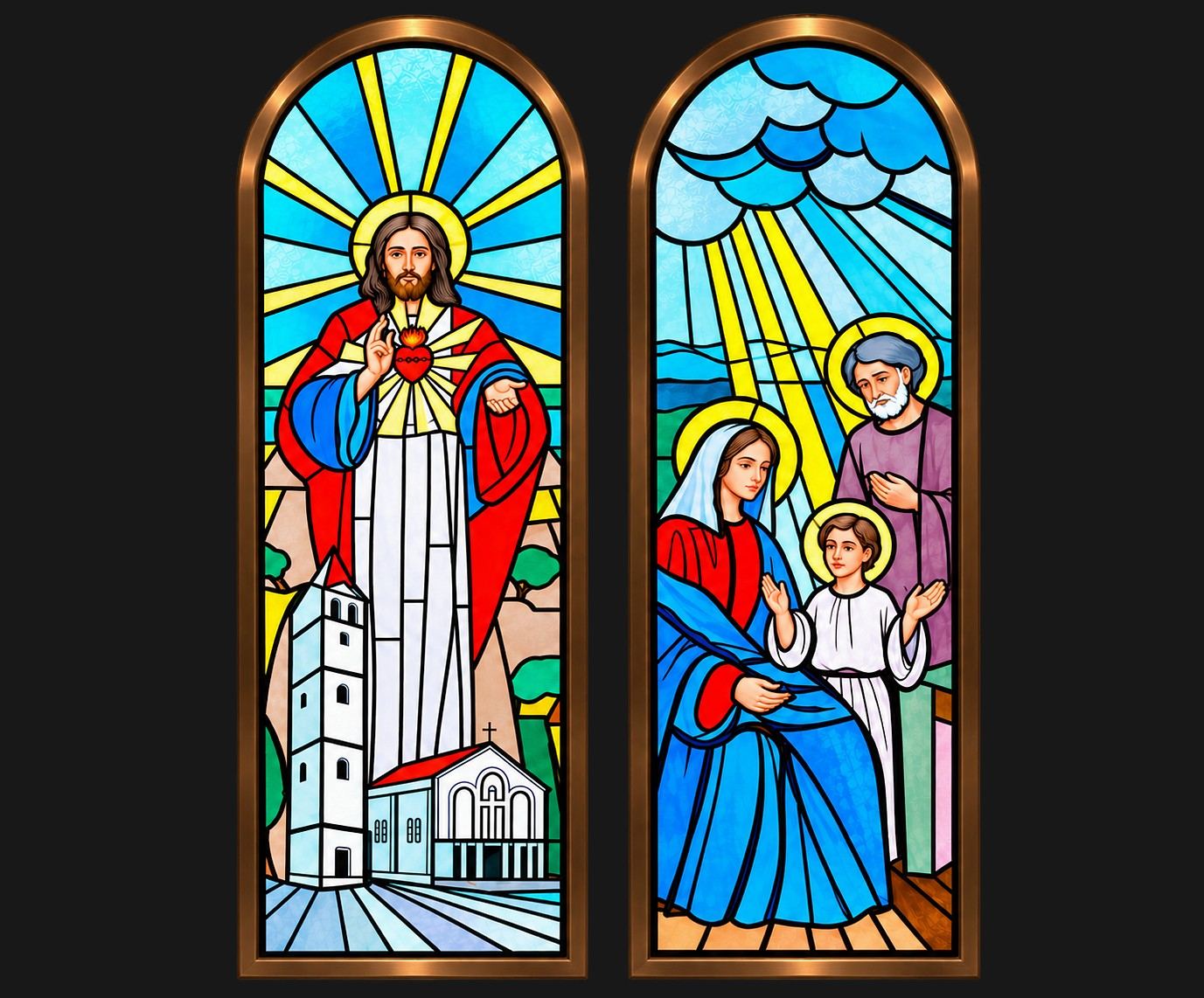Stained glass windows of the Sacred Heart of Jesus above a church and bell tower, and of the Holy Family