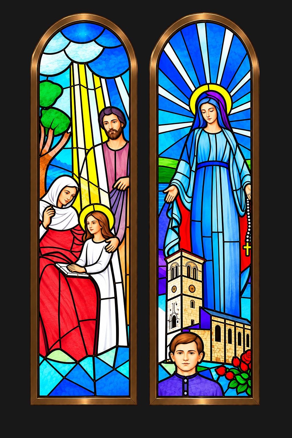 Stained glass windows of Saint Anne teaching the young Mary and of Our Lady with a rosary above a church tower