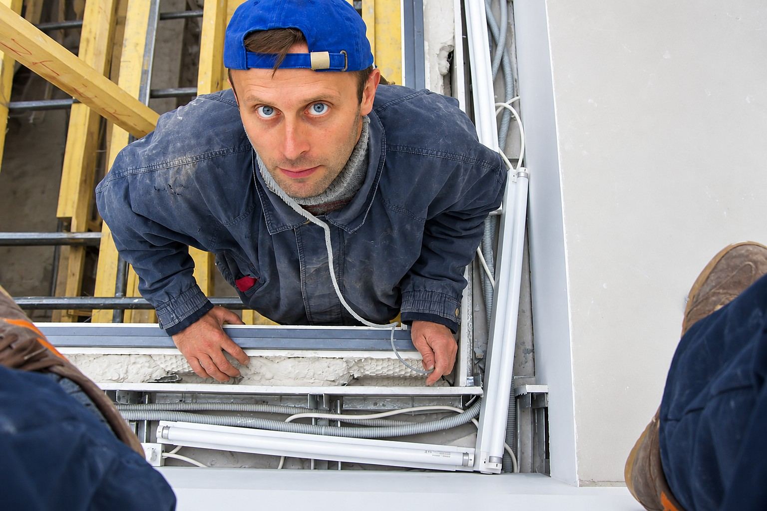 Dragan Bokun looking up through a ceiling light frame during the stained glass installation at Volzhsky Utyos, May 2007