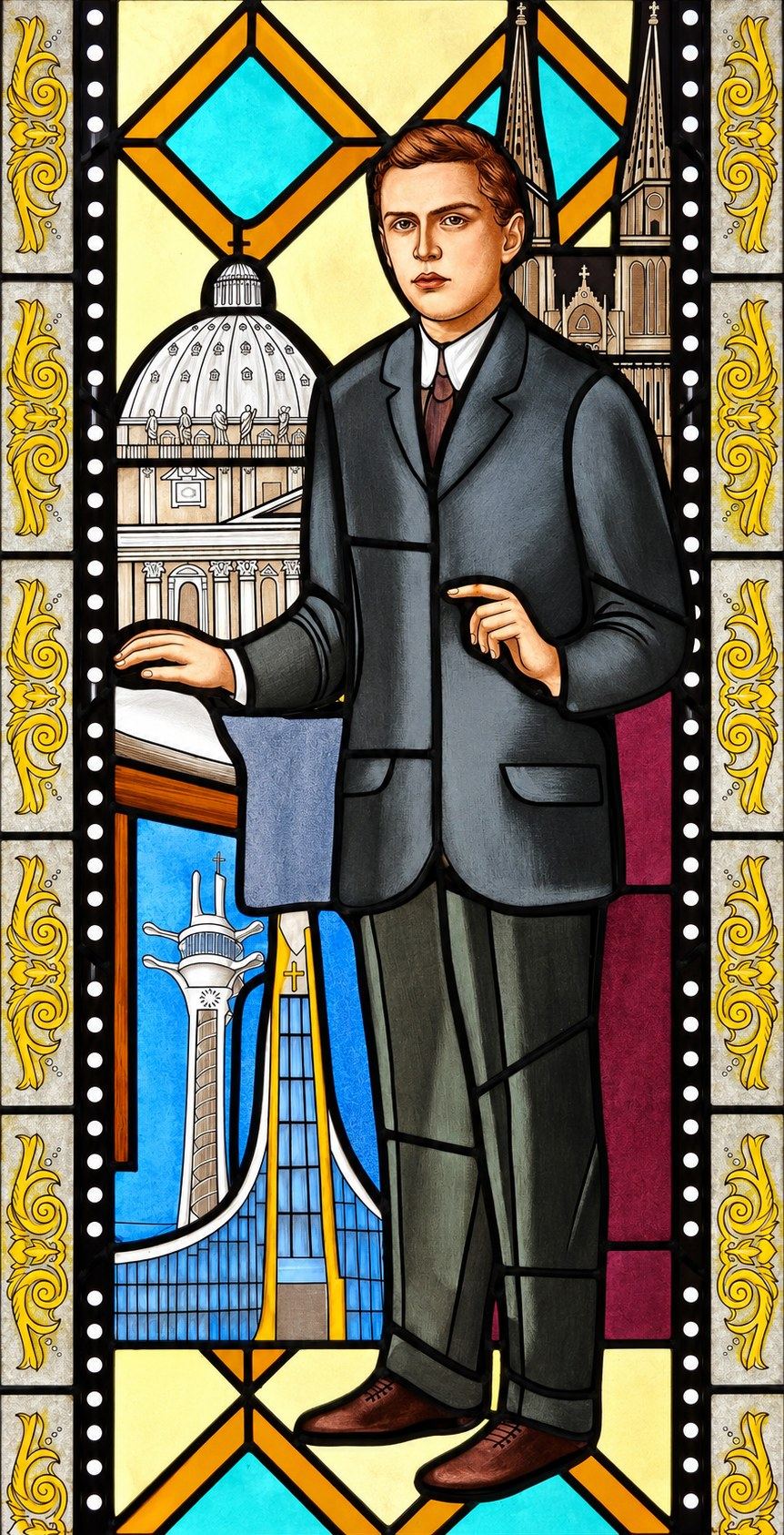 Stained glass window of Blessed Ivan Merz with Saint Peter's Basilica and Zagreb Cathedral in Hrasno