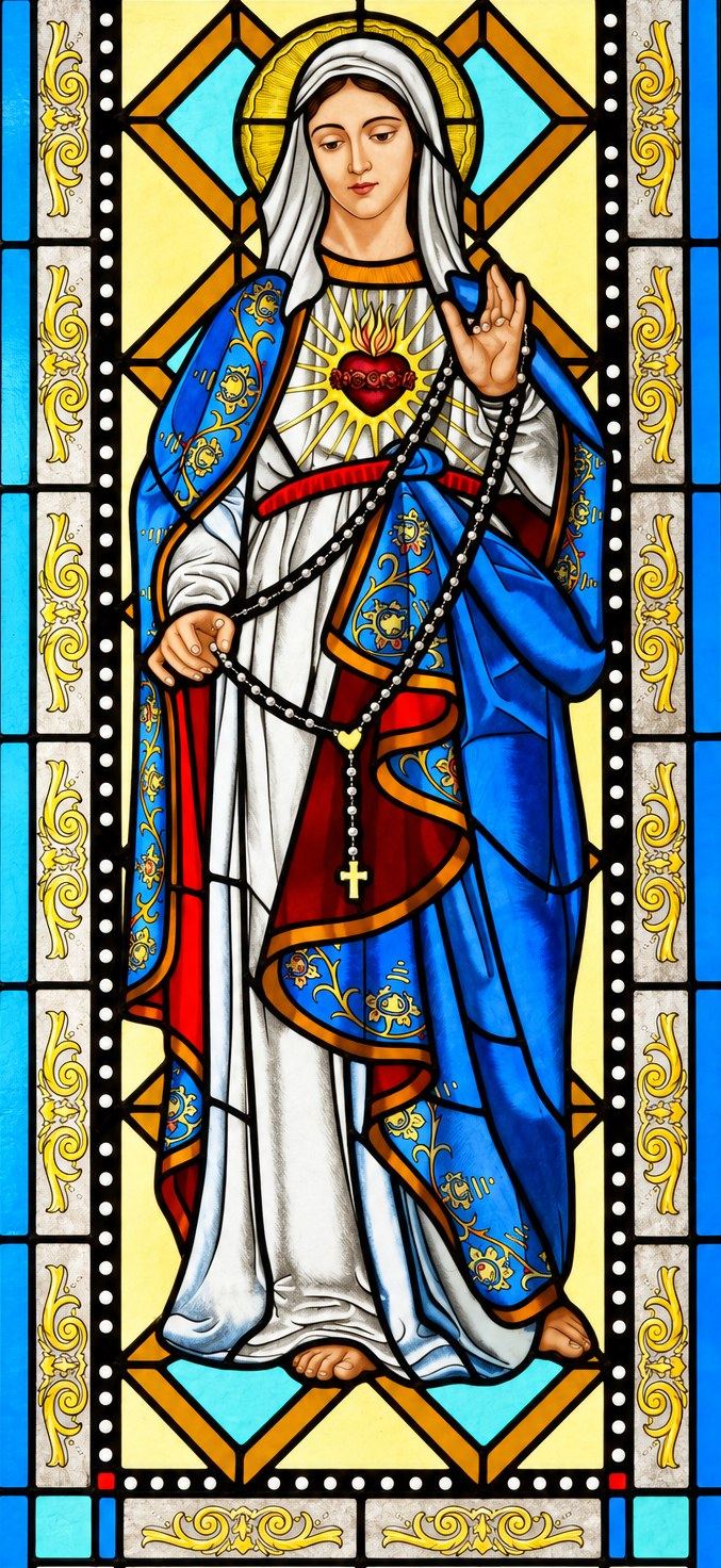 Stained glass window of the Immaculate Heart of Mary in Hrasno, in a white gown and starred blue mantle with a rosary