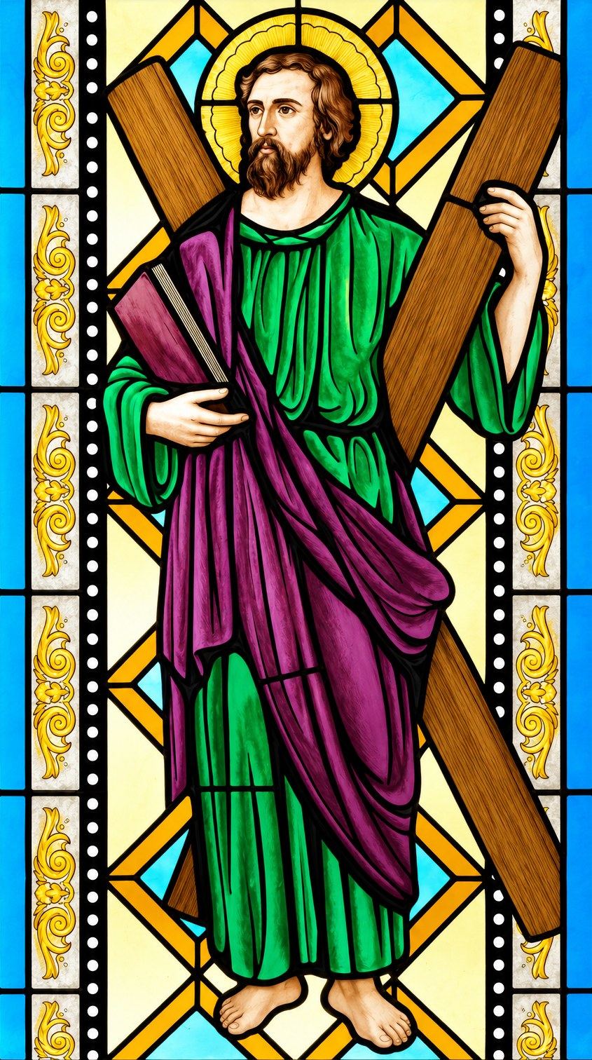 Stained glass window of Saint Andrew the Apostle with his X shaped cross in Hrasno