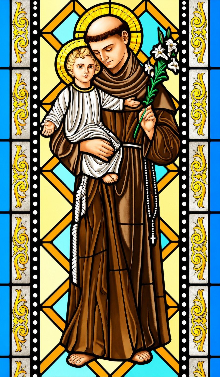 Detail of the Saint Anthony stained glass window in Hrasno, the saint holding the Christ Child