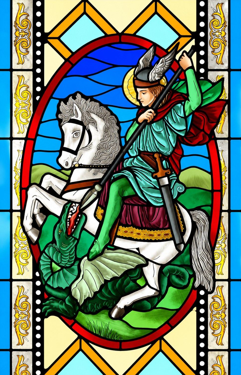 Stained glass window of Saint George on a white horse slaying the dragon in Hrasno