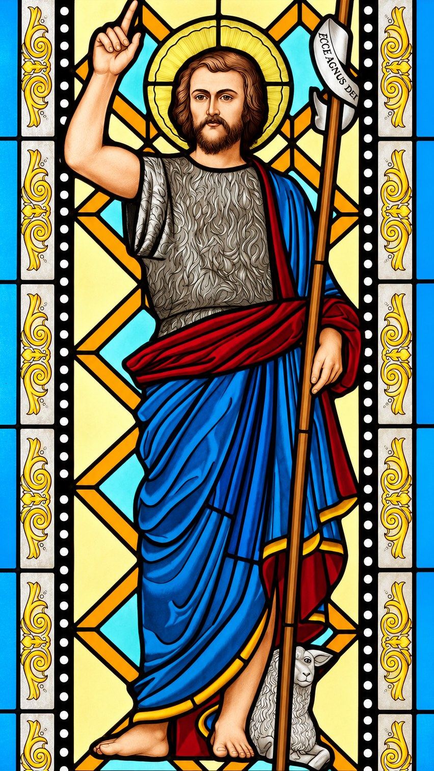 Stained glass window of Saint John the Baptist pointing to heaven in Hrasno