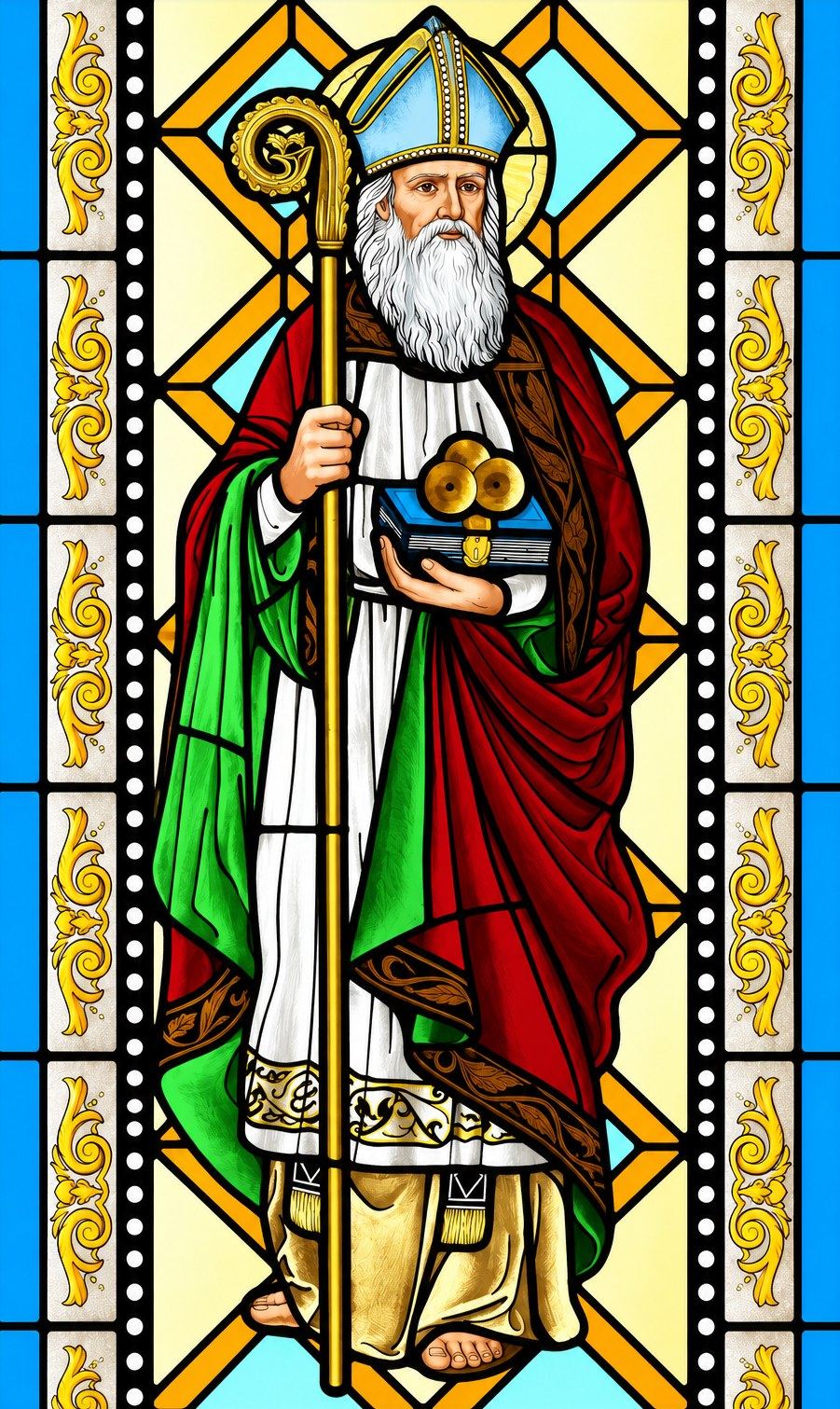 Stained glass window of Saint Nicholas as a bishop with crozier and a book with 3 golden balls in Hrasno