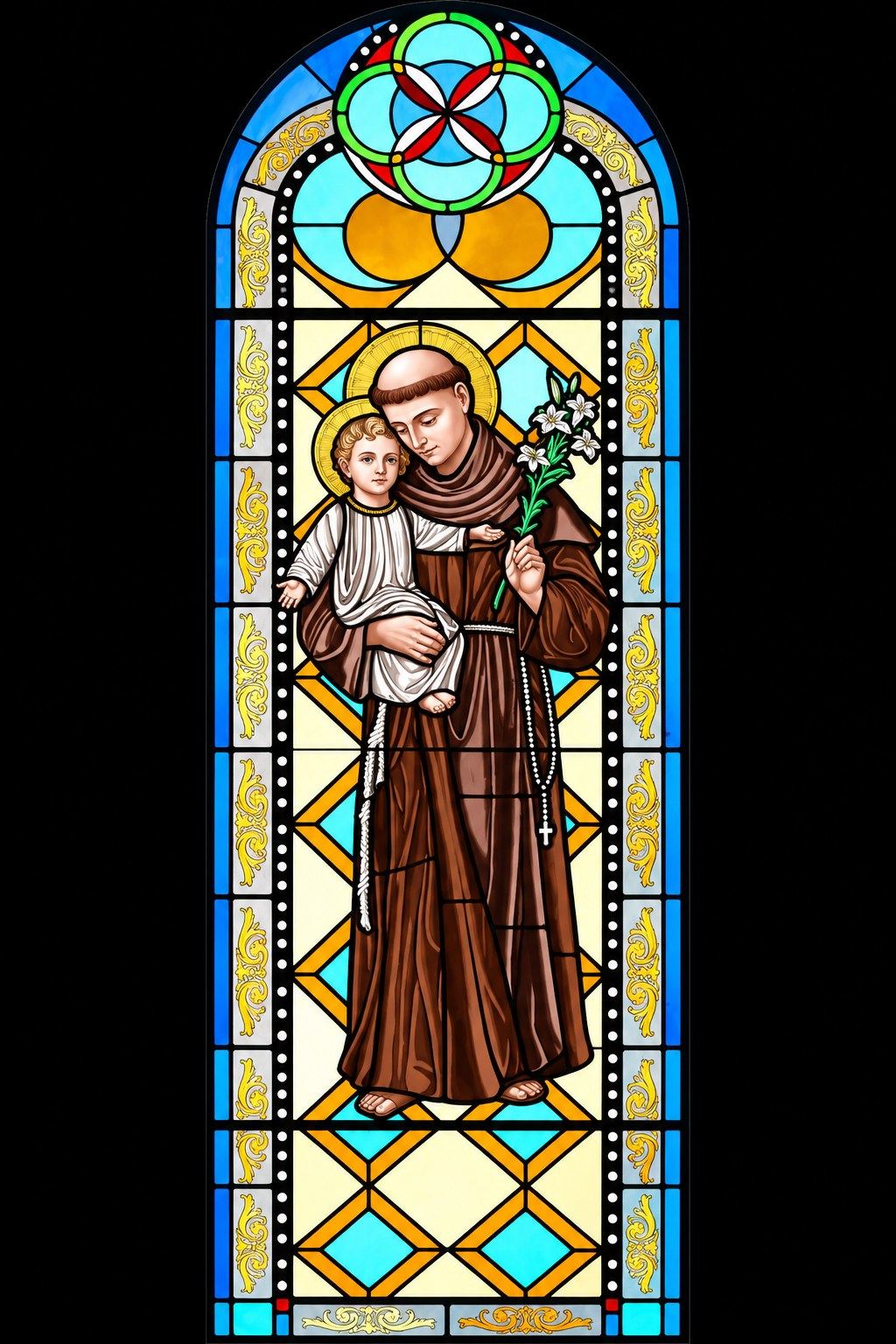 Stained glass window of Saint Anthony of Padua with the Christ Child and a lily in Hrasno