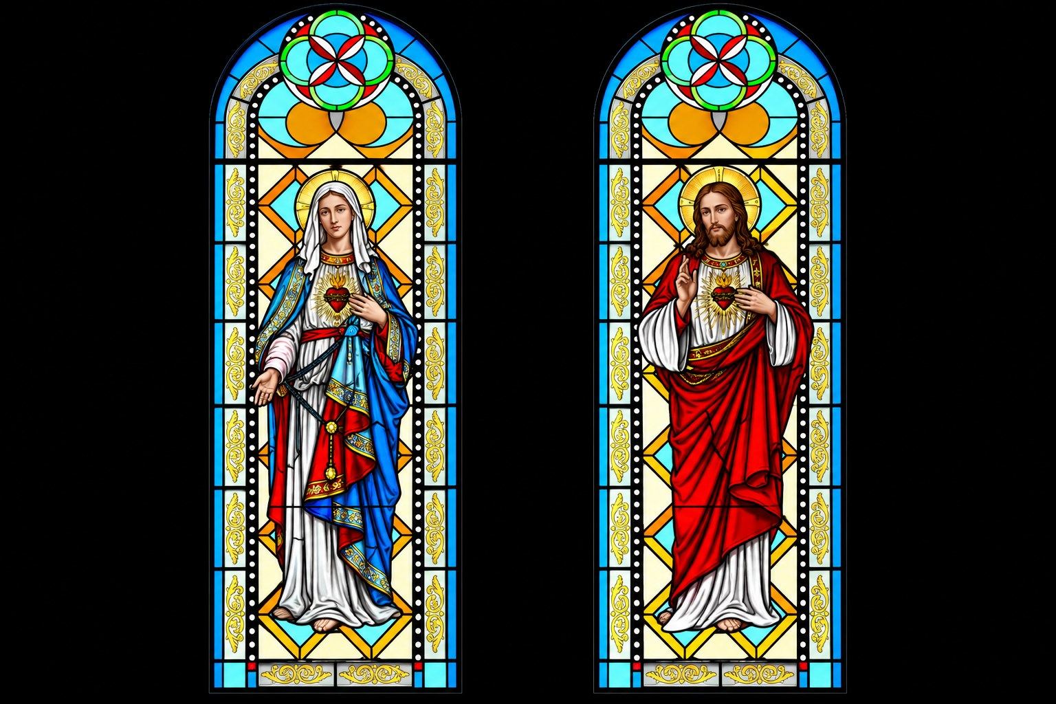 The Immaculate Heart of Mary and the Sacred Heart of Jesus, 2 arched stained glass windows in Hrasno
