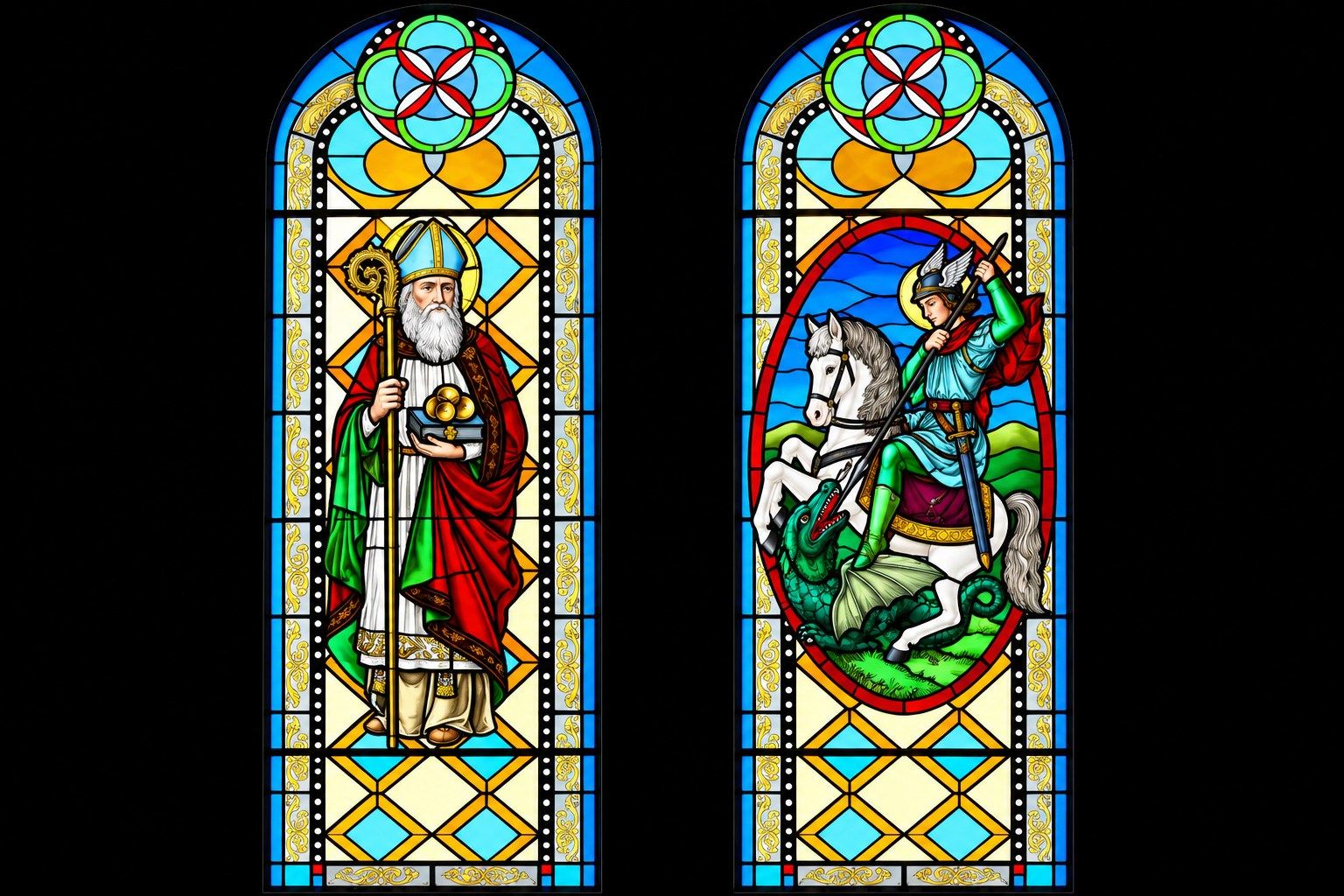 2 arched stained glass windows of Saint Nicholas and Saint George side by side in Hrasno