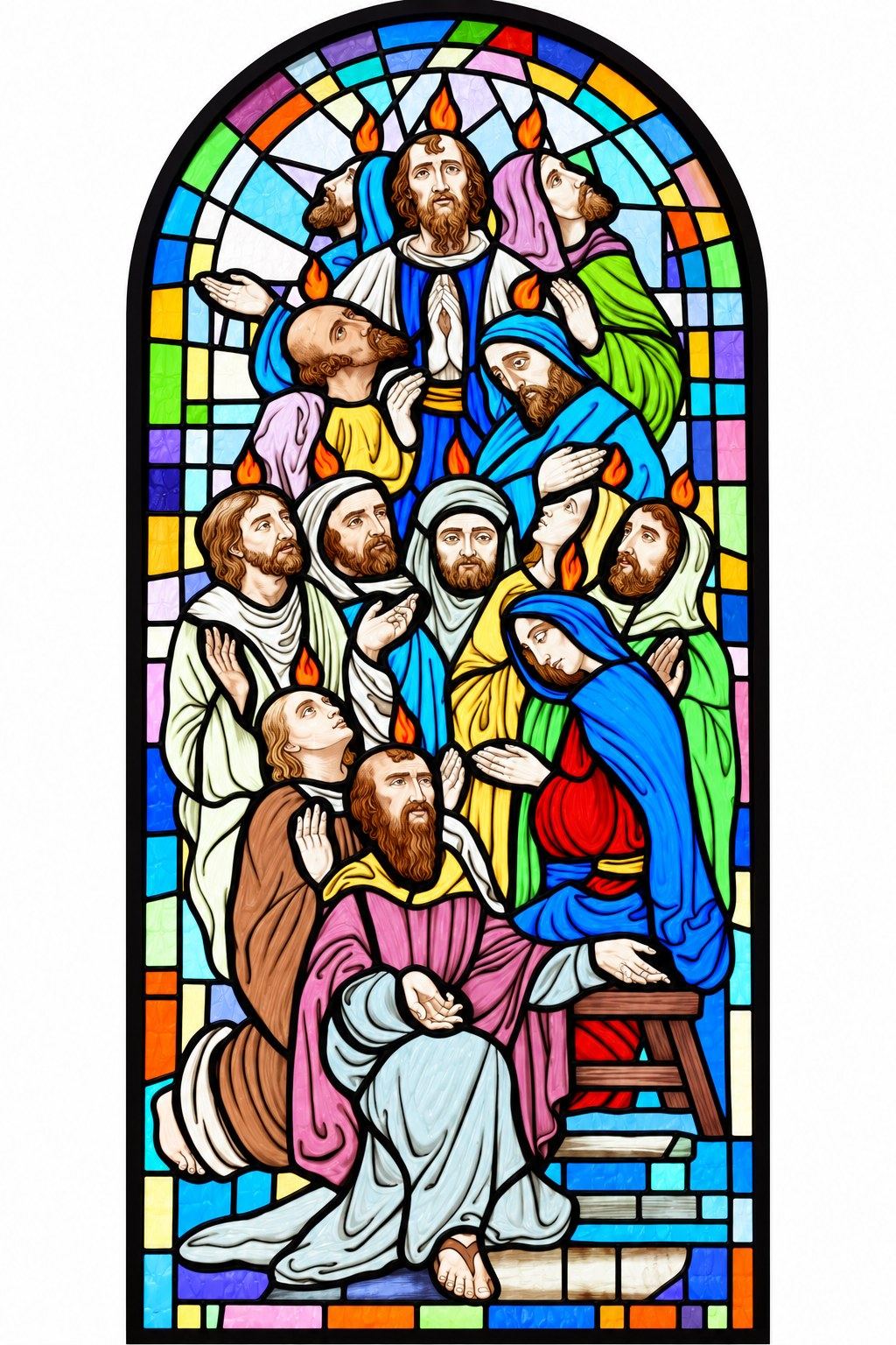 Vitraž Pedesetnice, apostoli i Marija sa ognjenim jezicima, Hutovo