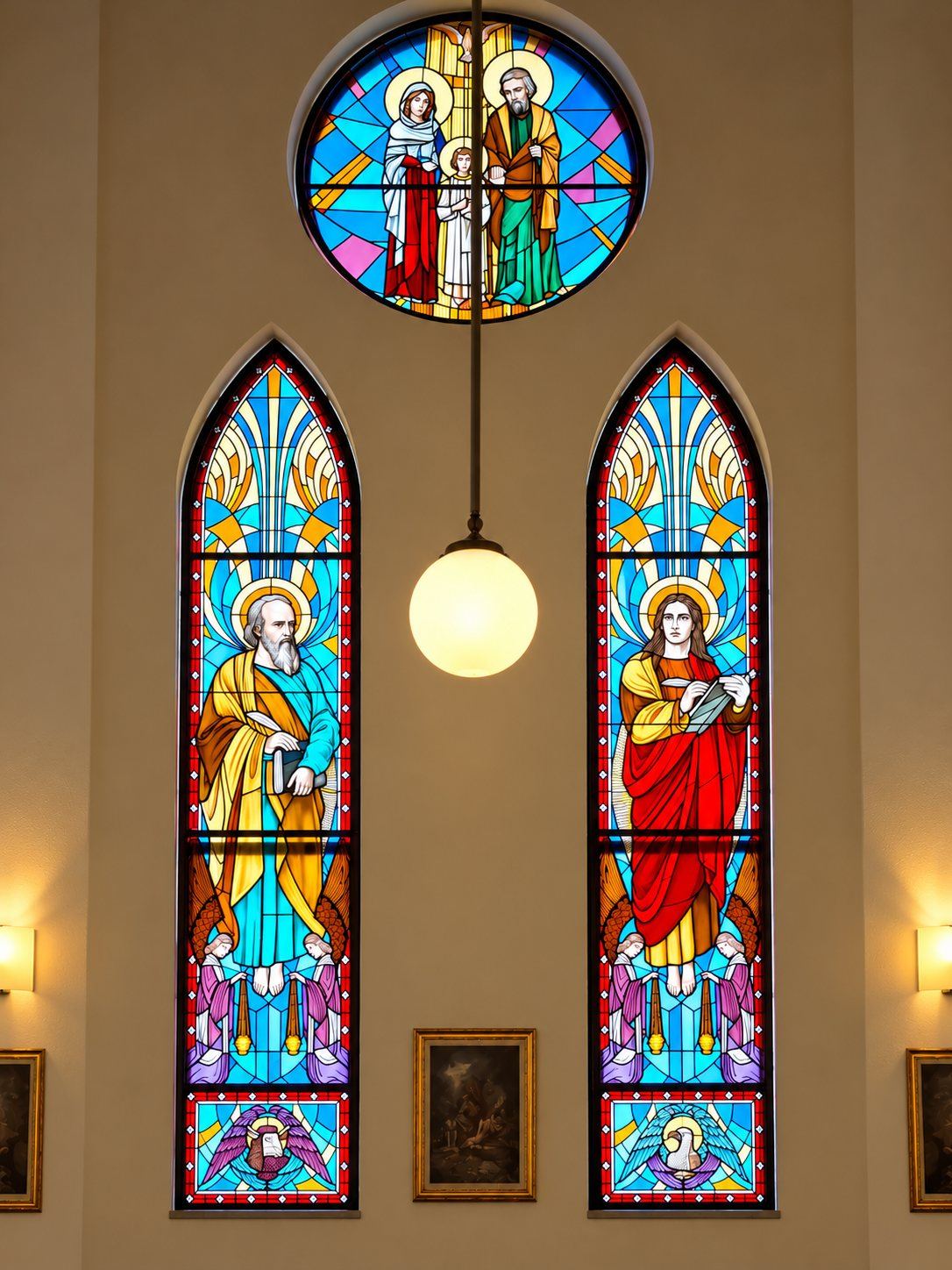 Rozeta Svete Porodice iznad vitraža Svetog Luke i Svetog Jovana u crkvi Gospe od Zdravlja, Neum