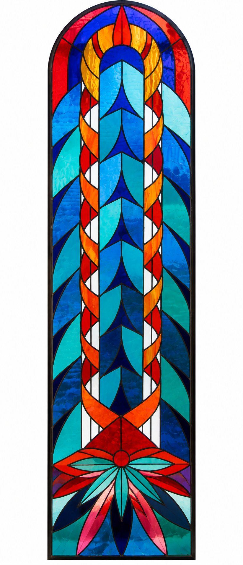 Arched stained glass window with a red and orange braid on cobalt and sky blue glass, chapel at Praskvica