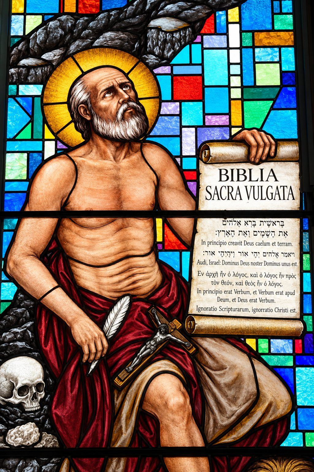 Детаљ Светог Јеронима са свитком Biblia Sacra Vulgata, Приштина