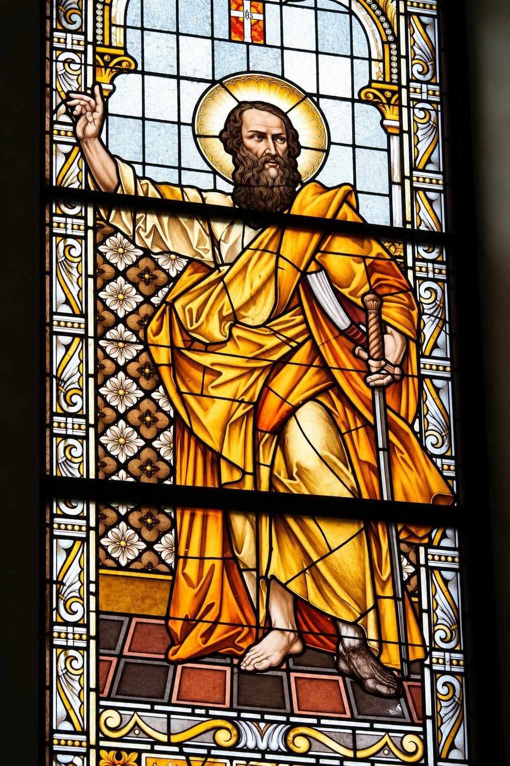 Restored stained glass window of Saint Paul with the sword, Saint Joseph, Sarajevo