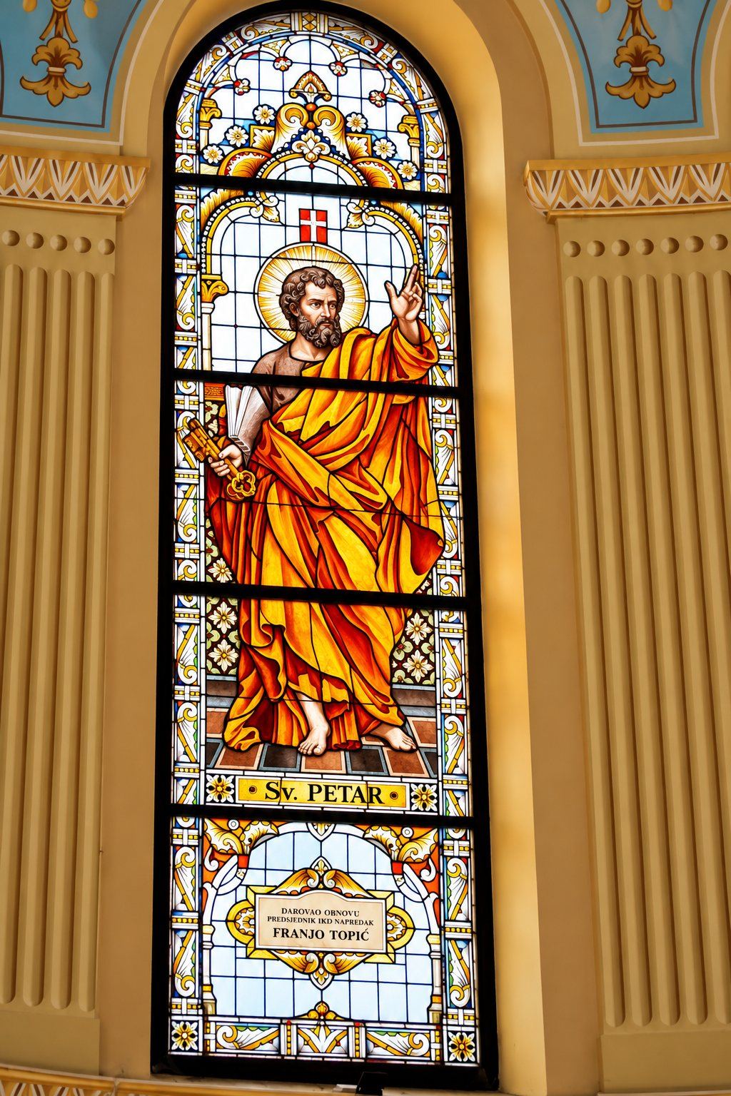 Restored stained glass window of Saint Peter with the keys, Saint Joseph, Sarajevo