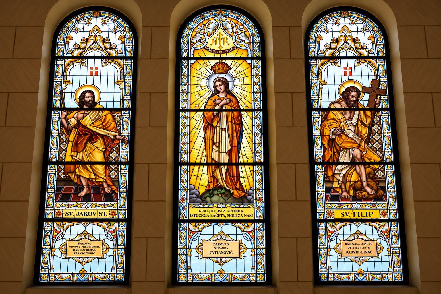 Restored stained glass windows of Saint James the Less and Saint Philip with a third window between them, Saint Joseph, Sarajevo