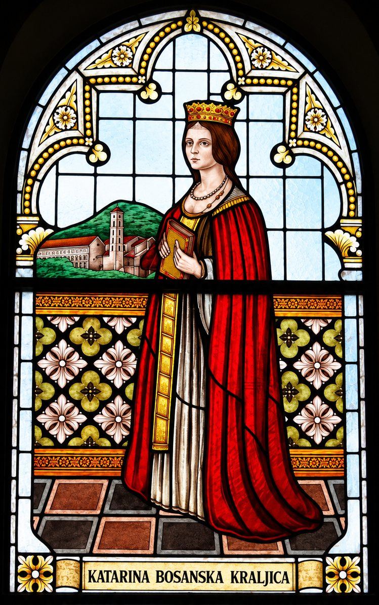 Stained glass window of Queen Katarina of Bosnia in a red mantle and crown, with a town and church behind her, Saint Joseph, Sarajevo