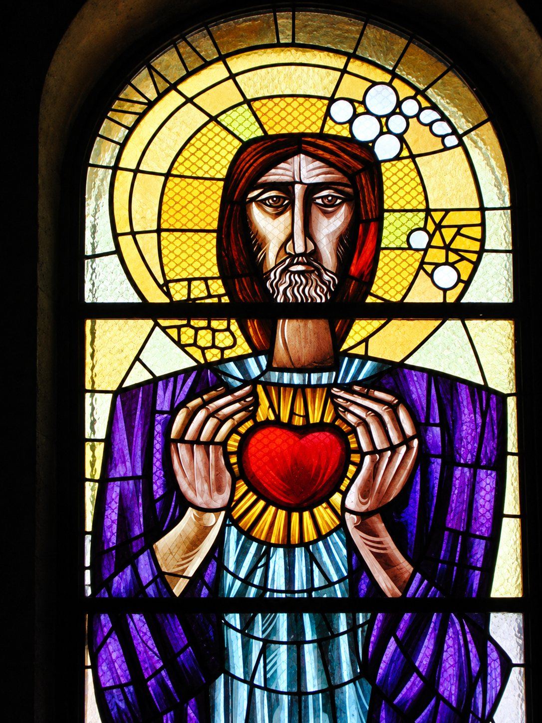 Detail of the Sacred Heart of Jesus in stained glass, Saint Joseph, Sarajevo