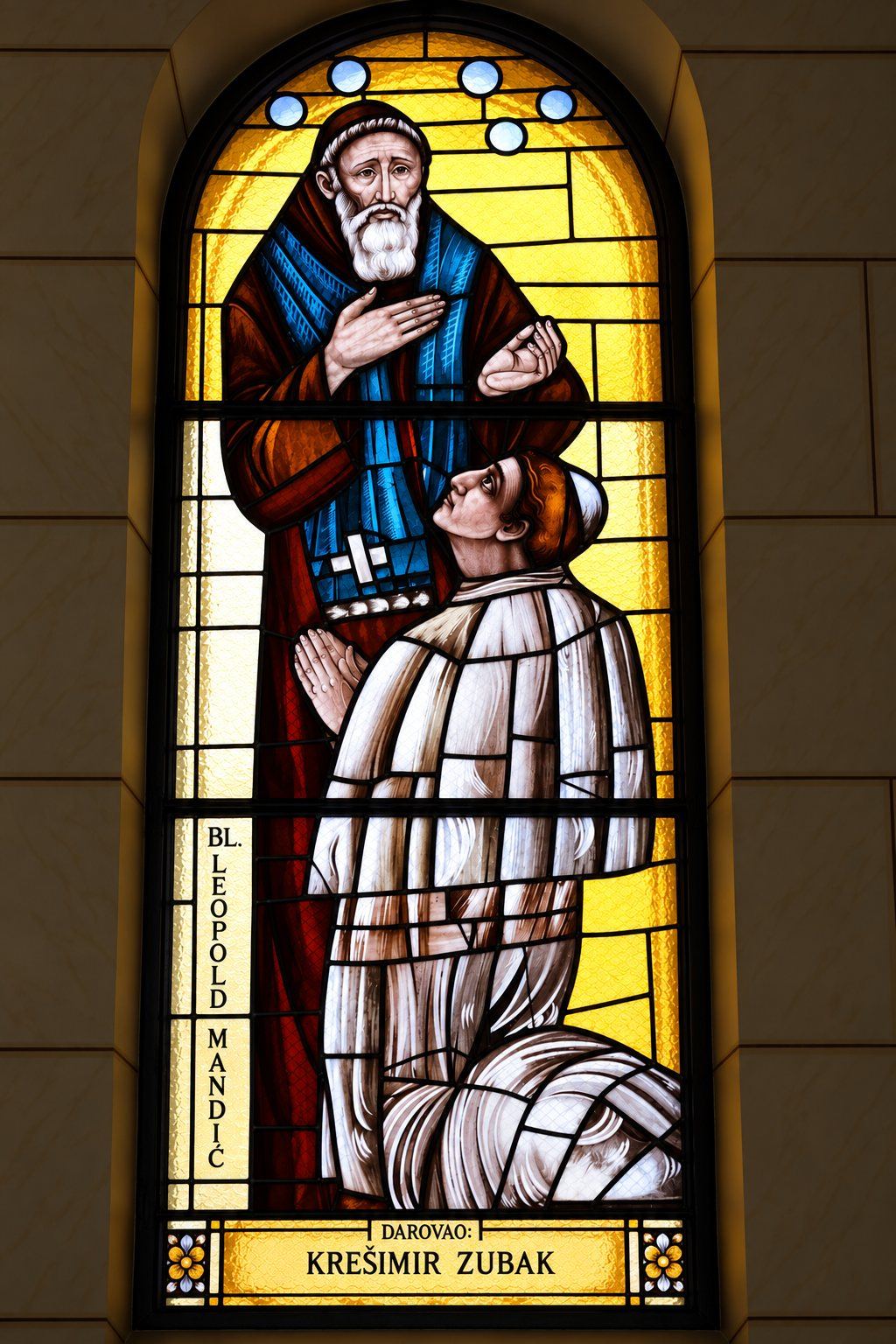Stained glass window of Saint Leopold Mandić with a kneeling penitent, Saint Joseph, Sarajevo