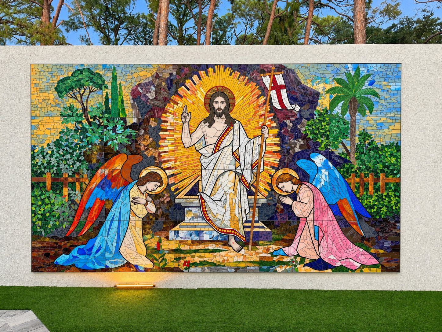 Resurrection of Christ glass mosaic mural, 8 by 14 feet, with the Risen Christ and 2 kneeling angels, in Mary's Memorial Garden at St. Thomas More Catholic Church, Sarasota, Florida, by Apperlo Art