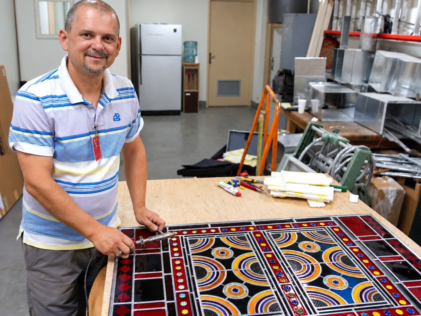 Stevan Stanisic at the workbench with soldering iron in hand, restoring the stained glass panel for the U.S. Embassy in Riyadh