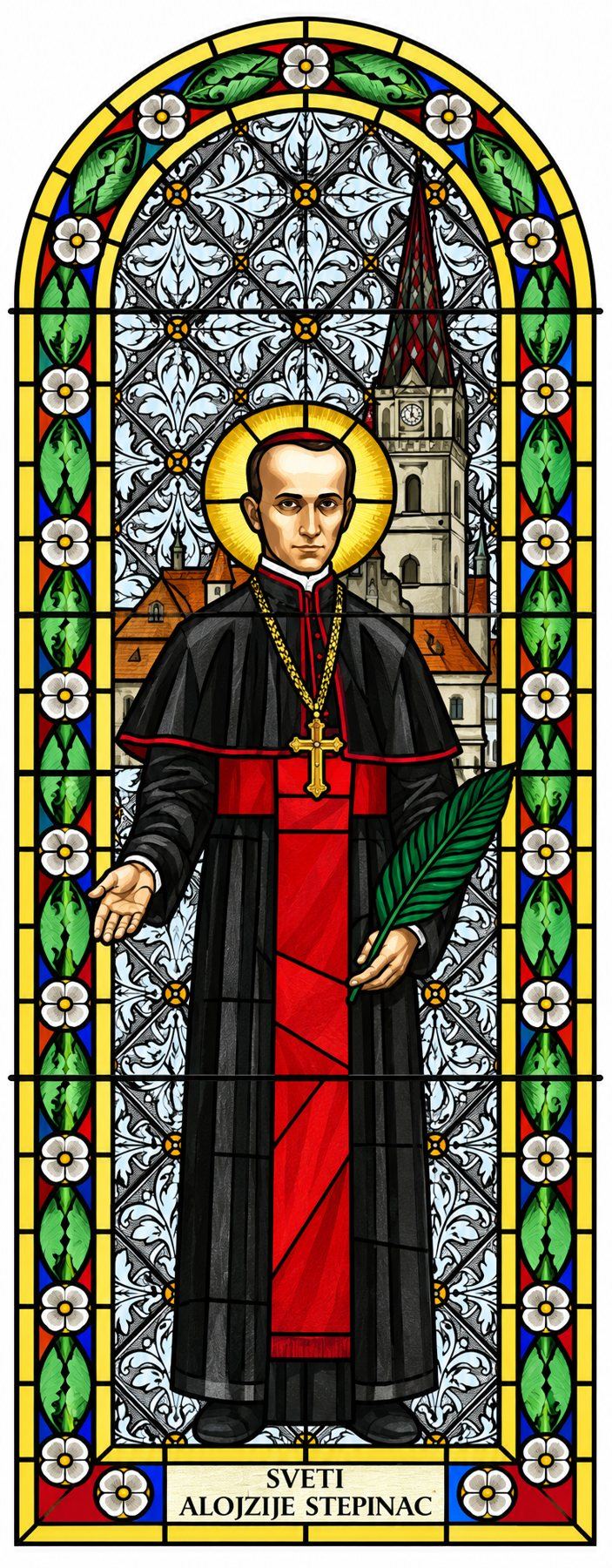 Stained glass window of Blessed Alojzije Stepinac in a red and black cassock, Stolac