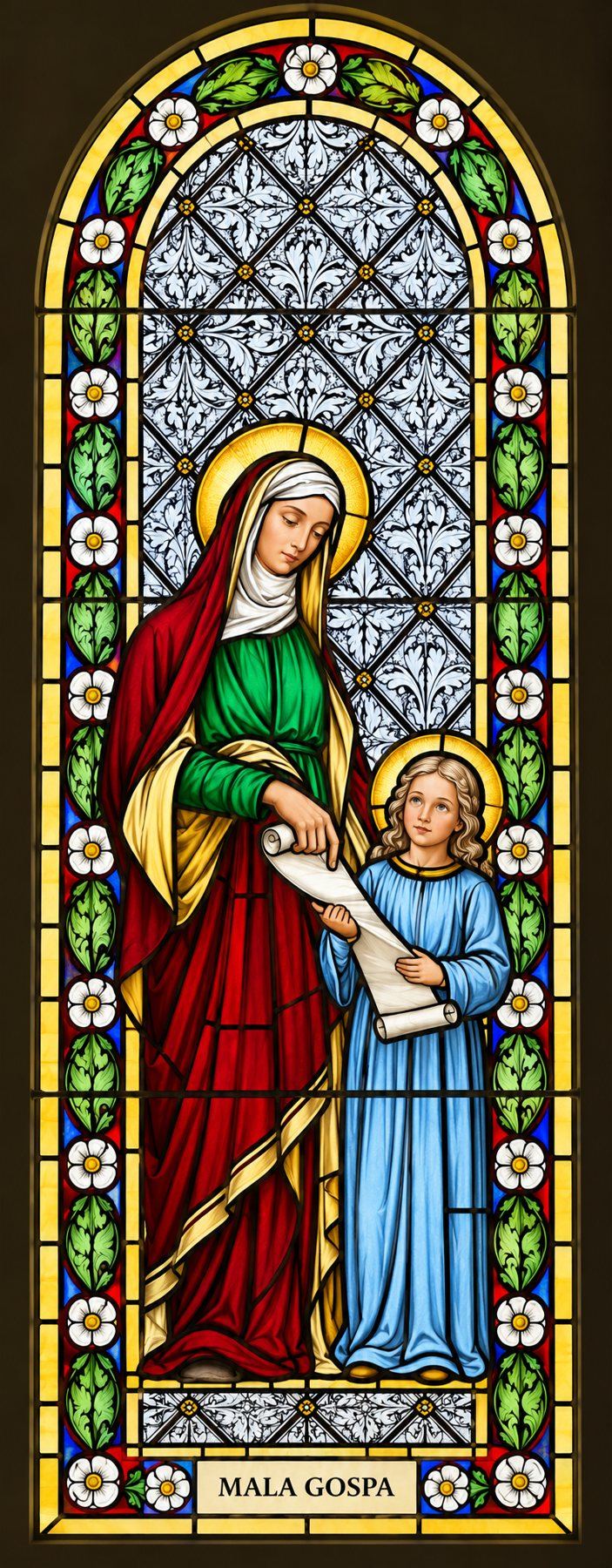 Stained glass window of Mala Gospa, Saint Anne teaching the young Mary, Stolac