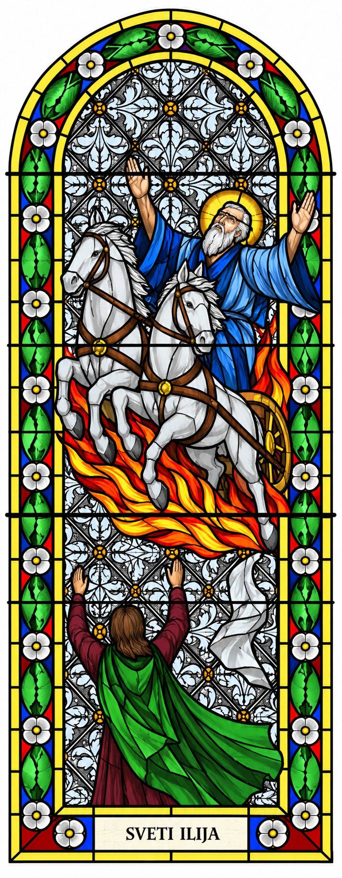 Stained glass window of Saint Elijah taken up to heaven in a chariot of fire, Church of Saint Elijah the Prophet, Stolac, by Stanisic Studio