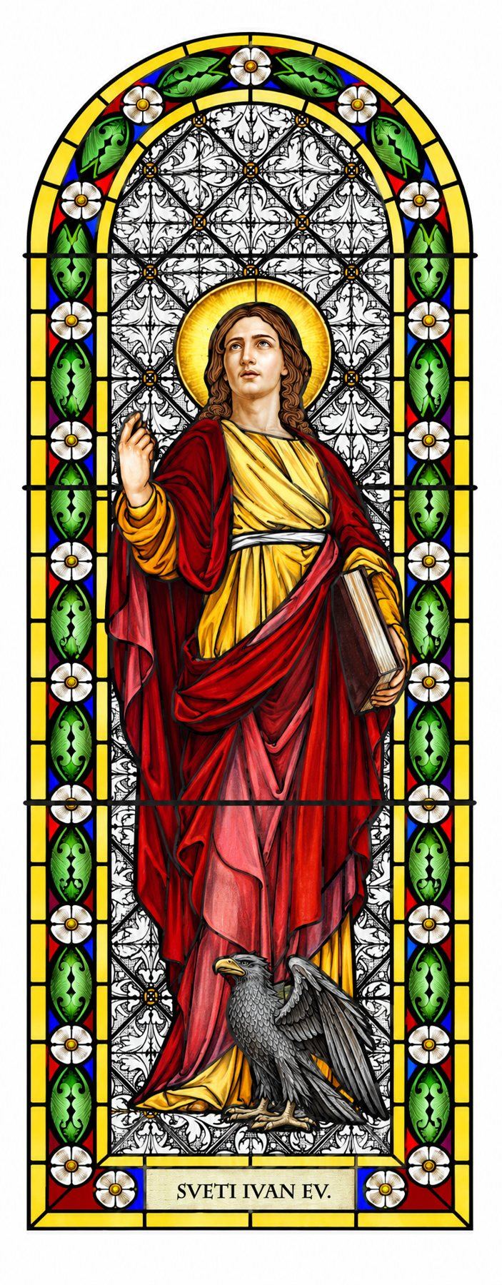 Stained glass window of Saint John the Evangelist with the eagle, Stolac