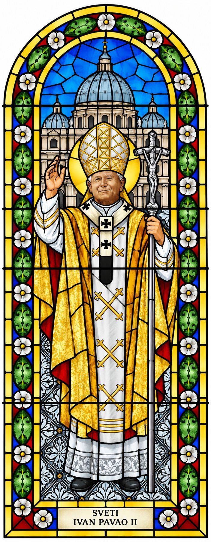 Stained glass window of Saint John Paul II blessing, before the dome of Saint Peter's in Rome, Stolac