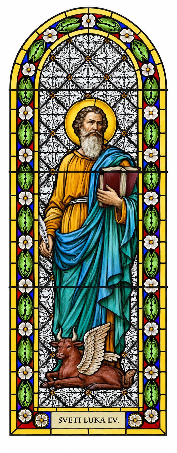 Stained glass window of Saint Luke the Evangelist with a book and the winged ox, Stolac