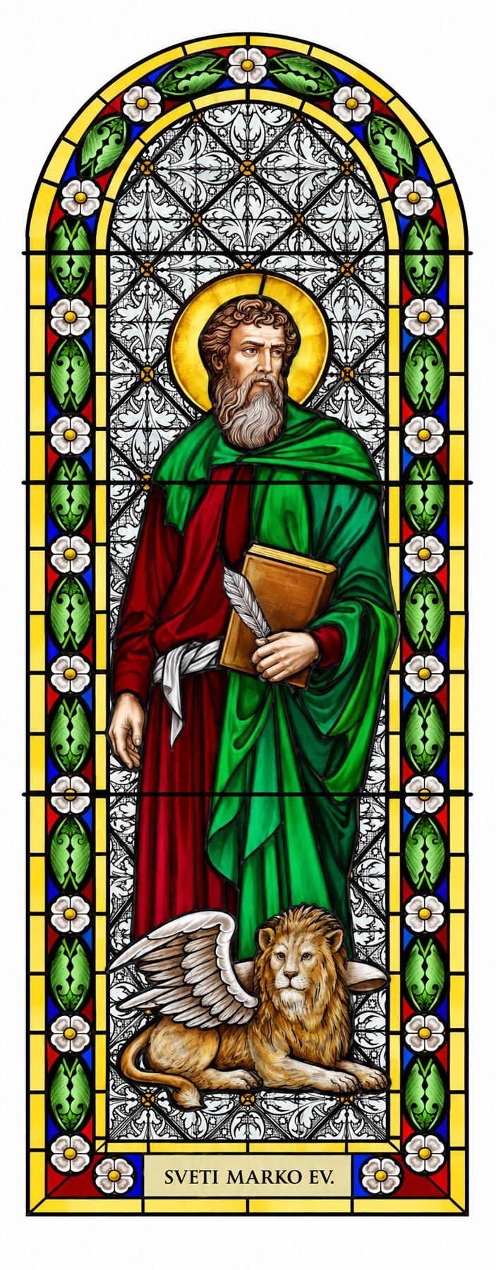 Stained glass window of Saint Mark the Evangelist with a book and the winged lion, Stolac