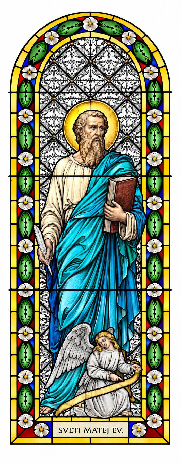 Stained glass window of Saint Matthew the Evangelist with the angel, Stolac