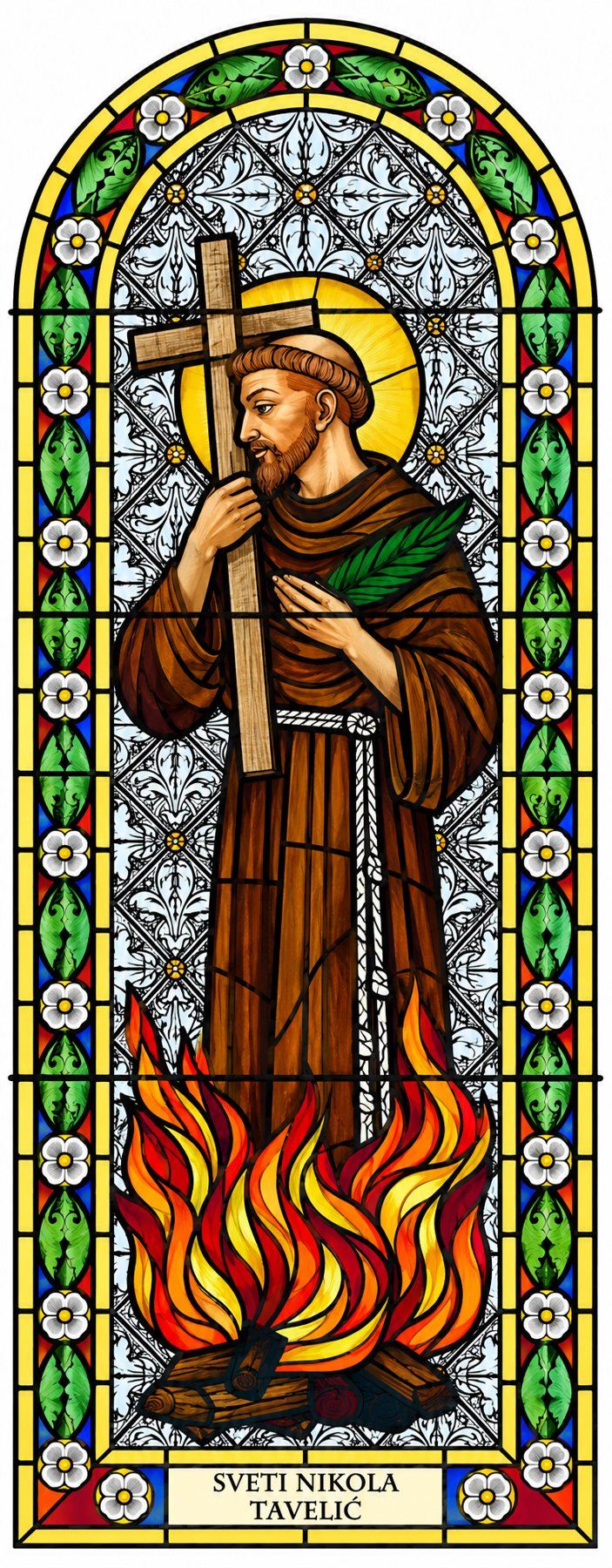 Stained glass window of Saint Nikola Tavelić with a cross and a palm above the flames, Stolac