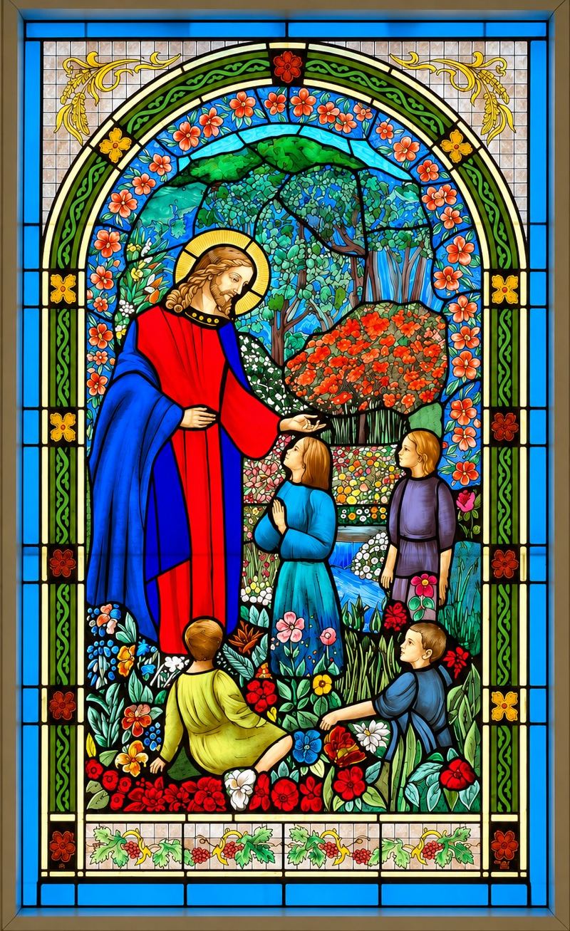 Stained glass window by Mila Apperlo of Jesus blessing children in a flowering garden, in the children's center of Trinity by the Cove Episcopal Church, Naples, Florida