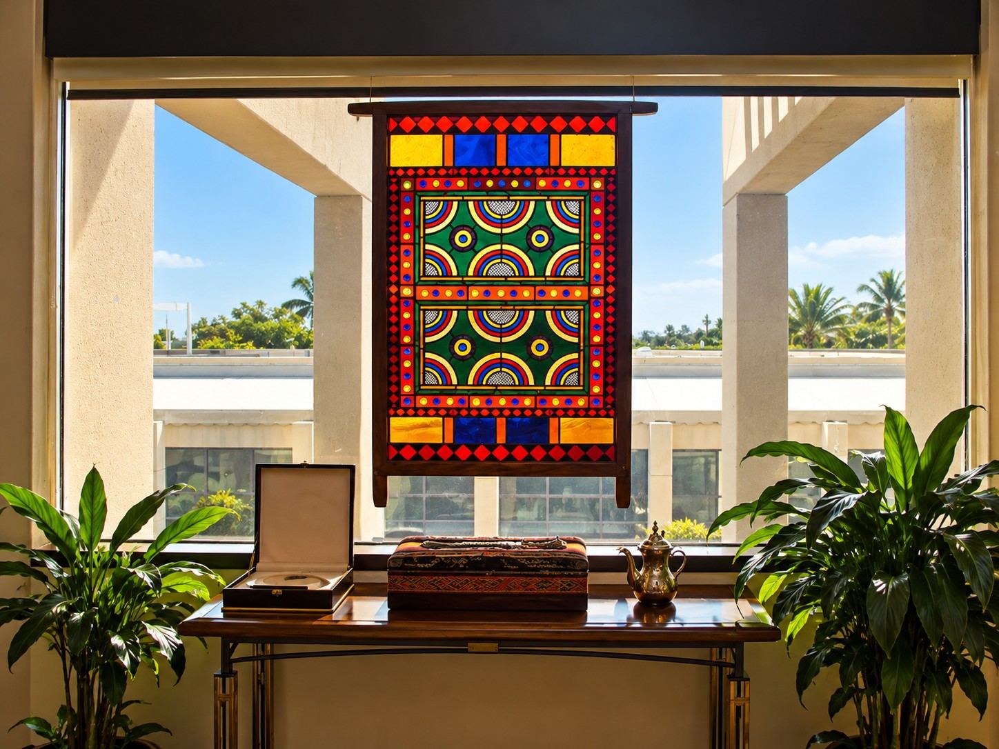 Framed stained glass panel with concentric arcs, jeweled borders and bands of red, yellow and blue glass, displayed in front of a sunlit window.