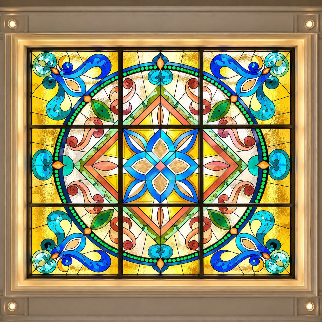 Stained glass ceiling skylight of blue, gold and red glass by Stanisic Studio at Volzhsky Utyos on the Volga, Russia