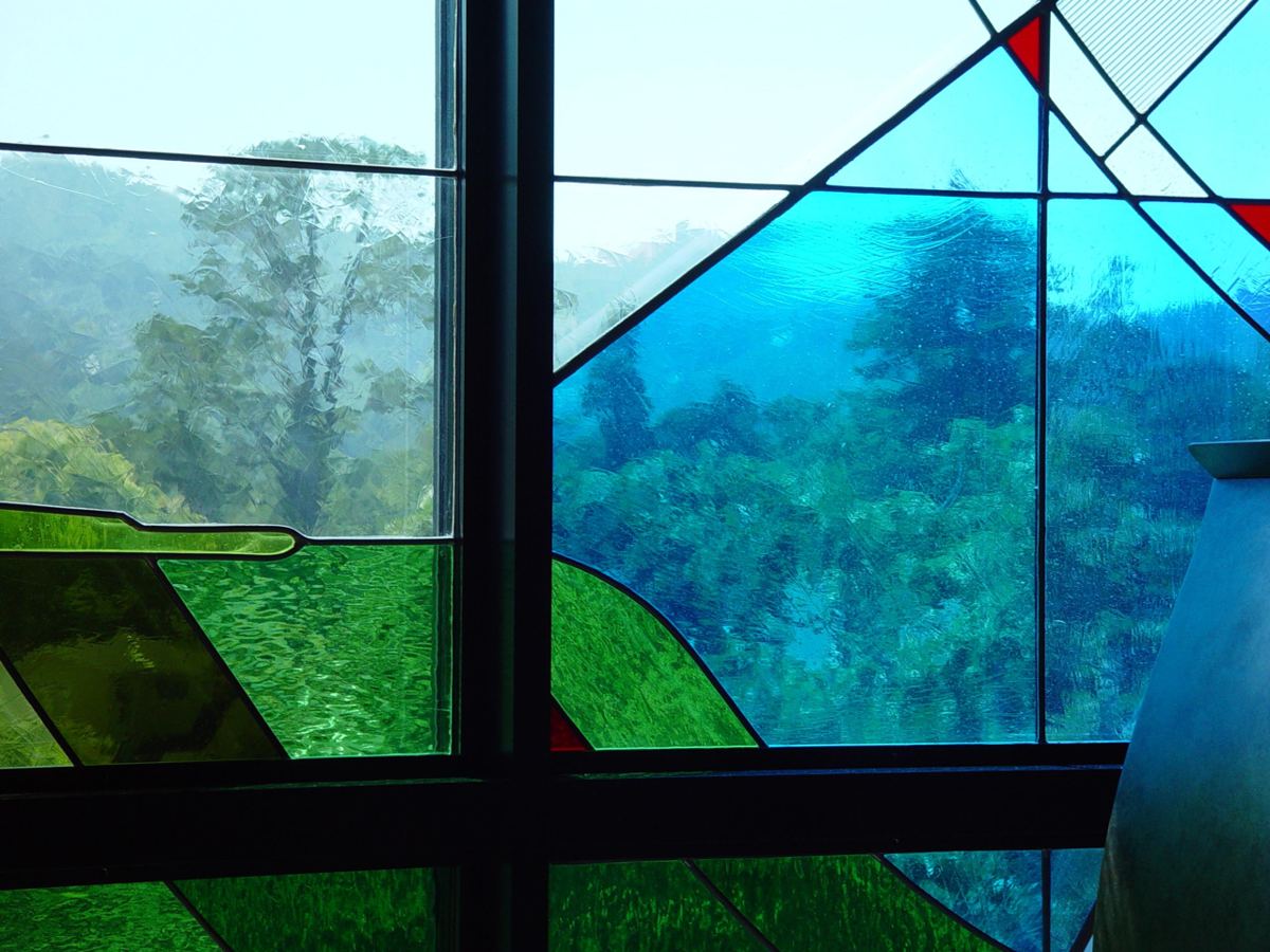 Stained glass at St. Francis Chapel, Marin Catholic in Kentfield, California