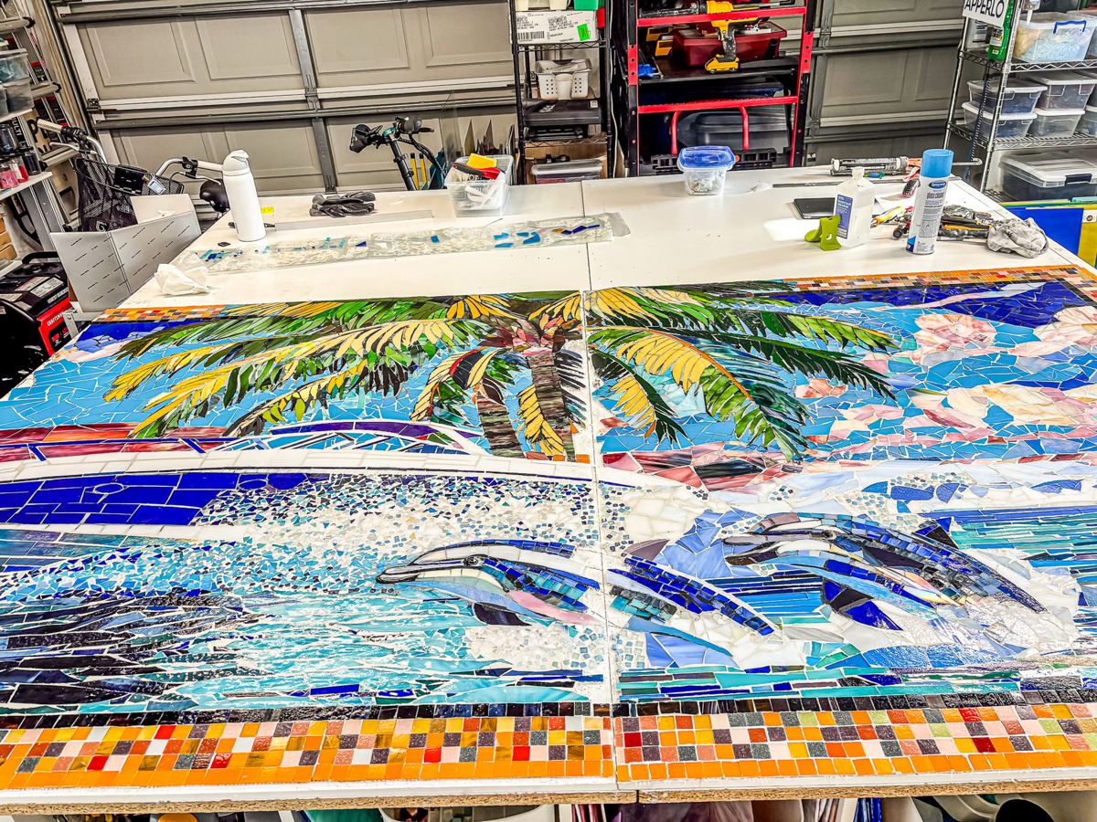 Cape Harbour mosaic on a workshop table in the studio